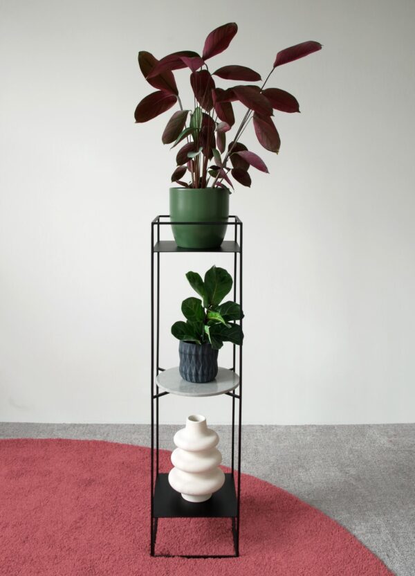 A minimalist and elegant metal plant pedestal with a lightweight and airy design, perfect for various interiors.