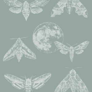 Amazing Moths tapeet, rohelise taustaga, täpitehnikas valgete ööliblikate ja kuu kujutisega.