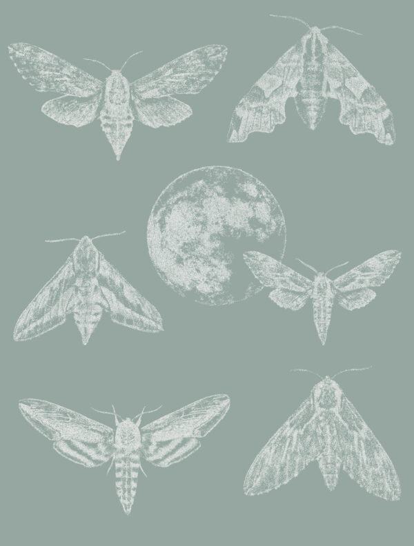 Amazing Moths tapeet, rohelise taustaga, täpitehnikas valgete ööliblikate ja kuu kujutisega.