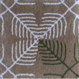 Rute disain vaip, valmistatud naturaalsest villast, kaasaegse geomeetrilise mustriga. Rute rug with brown, white, and olive green geometric pattern.
