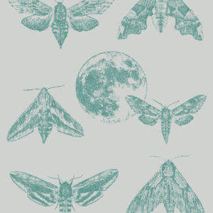 Designer wallpaper Amazing Moths with a cool gray background, featuring malachite green moths and the moon in stippling technique.