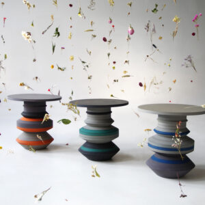 Hue Hoop side table, natural composite material with linoleum-coated tabletop, modern design, Estonian product design