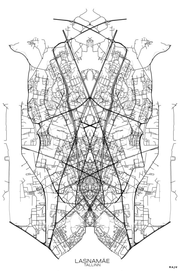 Lasnamäe linnaosa graafiline kaart 'citybug' kujundusega, kaasaegne Eesti kunst. / Lasnamäe district graphic map with 'citybug' design, modern Estonian art