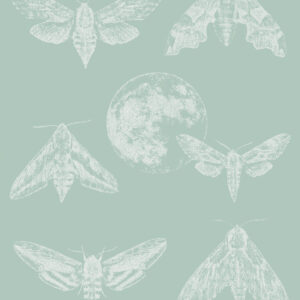 Disainertapeet Amazing Moths, helerohelise taustaga, täpitehnikas valgete ööliblikate ja kuu kujutisega.