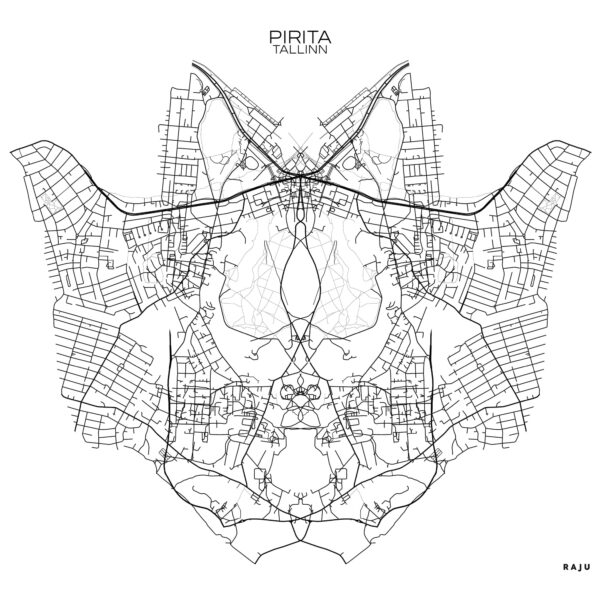 Pirita linnaosa graafiline kaart 'citybug' kujundusega, kaasaegne Eesti kunst. / Pirita district graphic map with 'citybug' design, modern Estonian art