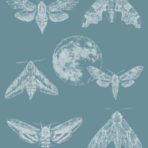 Exclusive designer wallpaper Amazing Moths with a silver fir blue background and white moths, perfect for modern interiors.