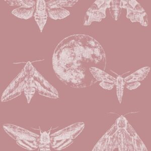 Kunstiline disainertapeet Amazing Moths, antiikroosa Antique Pink taustaga ja õrnade valgete liblikatega, ideaalne valik lastetuppa või romantilisse interjööri.