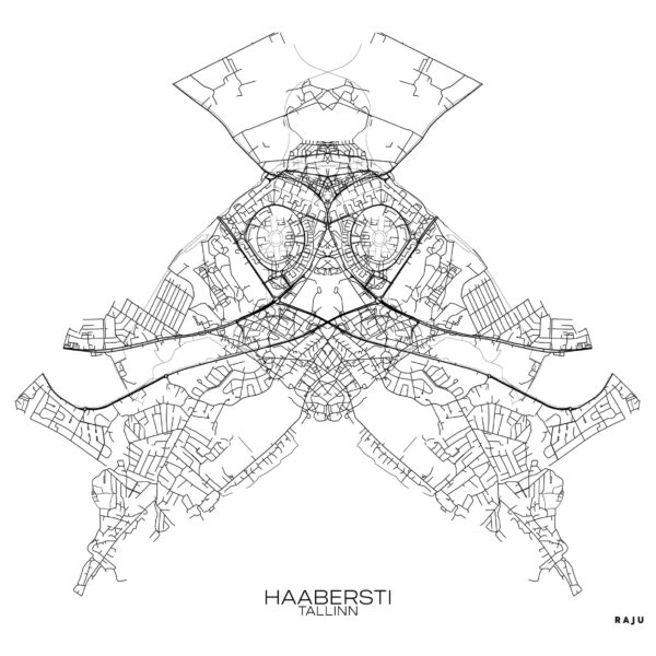 Haabersti linnaosa graafiline kaart 'citybug' kujundusega, kaasaegne Eesti kunst. / Haabersti district graphic map with 'citybug' design, modern Estonian art