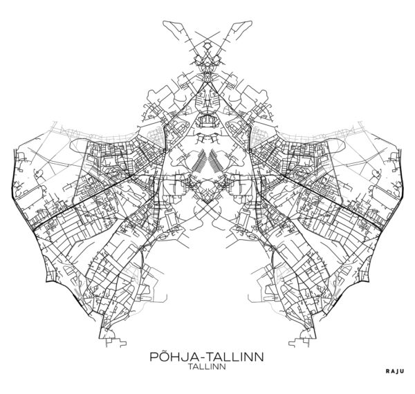 Põhja-Tallinna linnaosa graafiline kaart peegeldatud kujul, kombineeritud unikaalse putukakujutisega, mis lisab visuaalset dünaamikat ja sümbolismi.