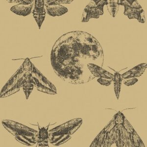 Amazing Moths wallpaper with a sandy beige background, featuring black moths and the moon in stippling technique.