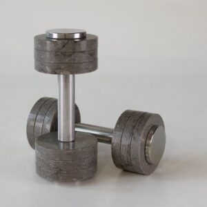 GymChic dumbbell with Turbine Grey natural stone discs and a steel handle. Adjustable weight range from 2–5 kg, offering a flexible workout experience and unique design.