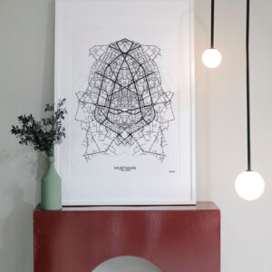 Graphic map of Tallinn district Mustamäe with 'citybug' design, blending urban patterns with imaginative insect forms