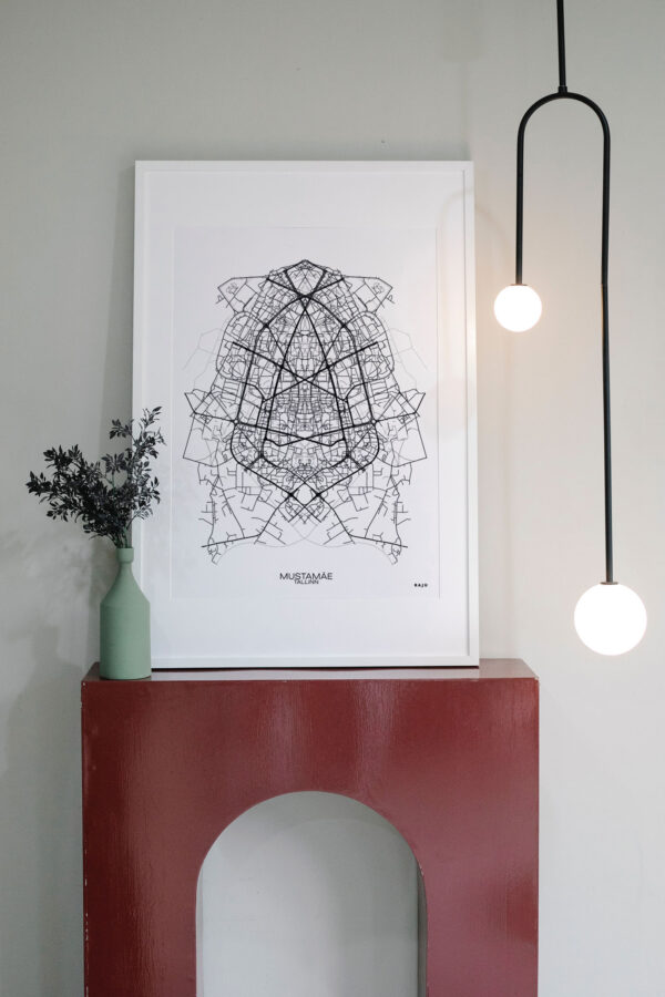 Graphic map of Tallinn district Mustamäe with 'citybug' design, blending urban patterns with imaginative insect forms
